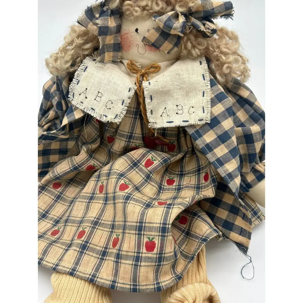 Vintage Rag Doll Plaid Dress ABC Collar Primitive Country Cloth Doll Americana